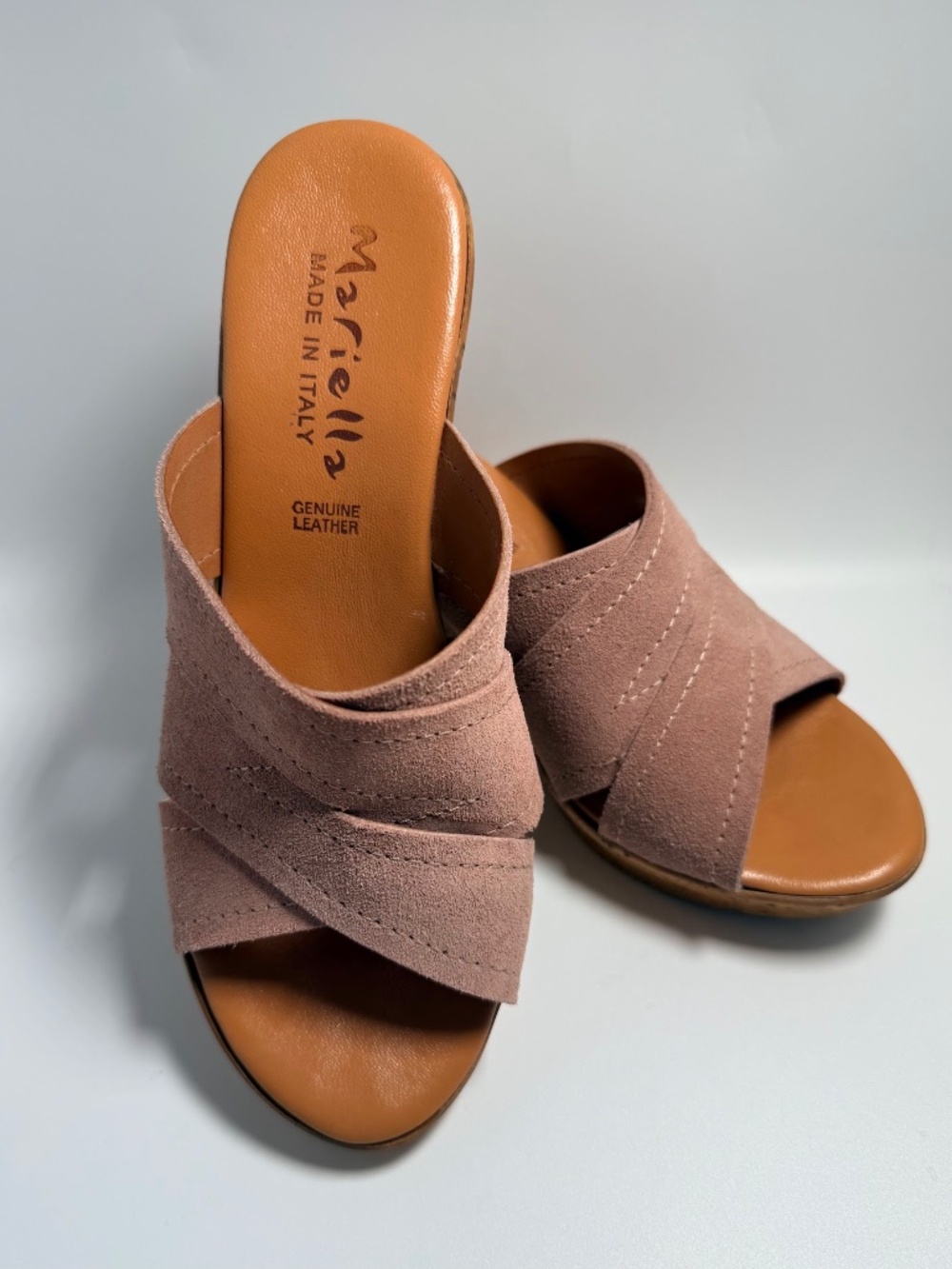 MARIELLA Soft Pink Suede Leather Wedge Sandals 8 ITALY